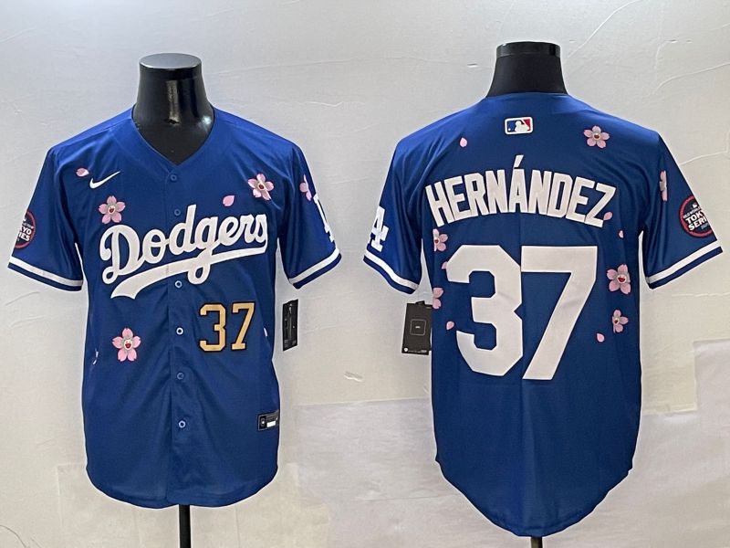 Men Los Angeles Dodgers 37 Hernandez Blue Sakura Edition 2025 Nike MLB Jersey style 2